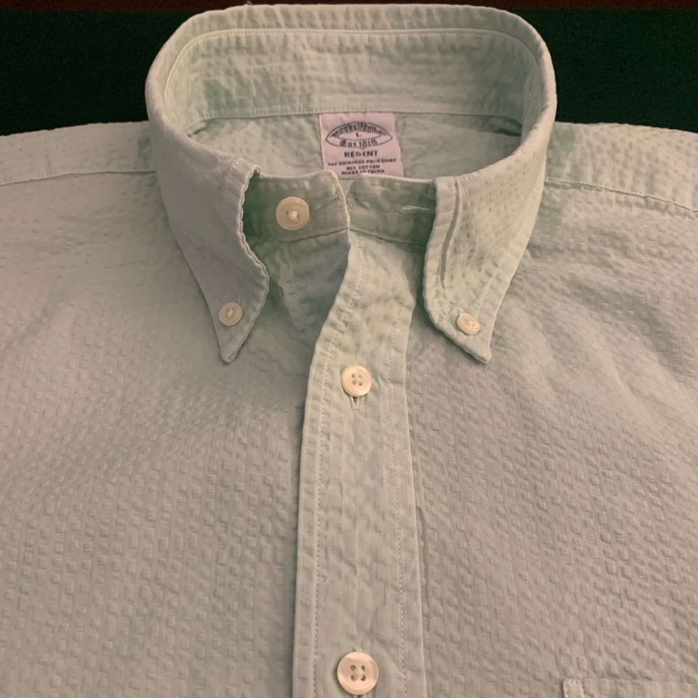 BROOKS BROTHERS LS Lt Green Seersucker Cotton Shirt